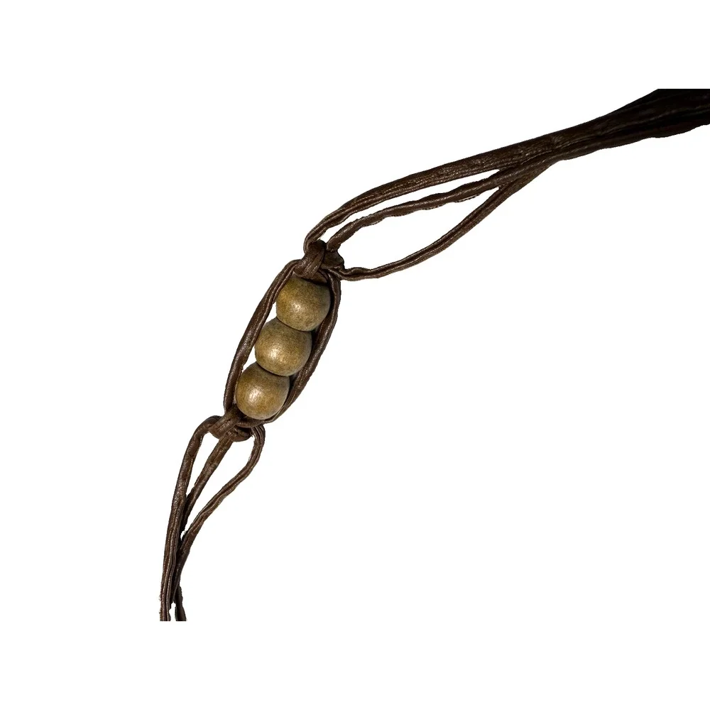 Vintage Womens Tie Waist Belt Wooden Beads Brass Filigree Boho Faux Leather 48